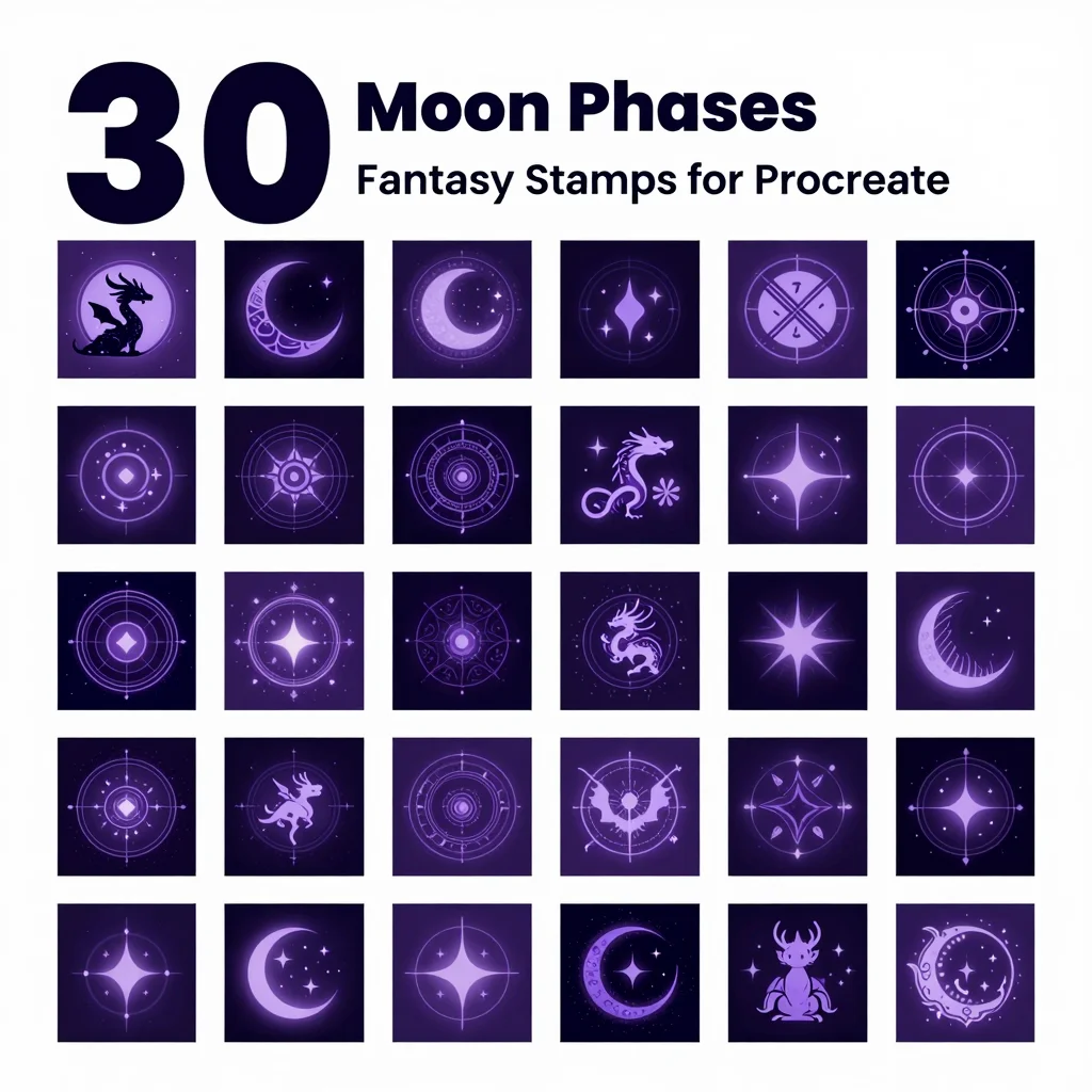 30 Procreate Moon Phases Fantasy Stamps