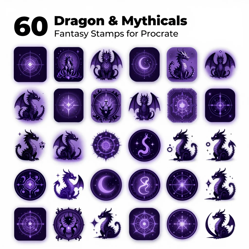 60 Procreate Dragon & Mythical Fantasy Stamps