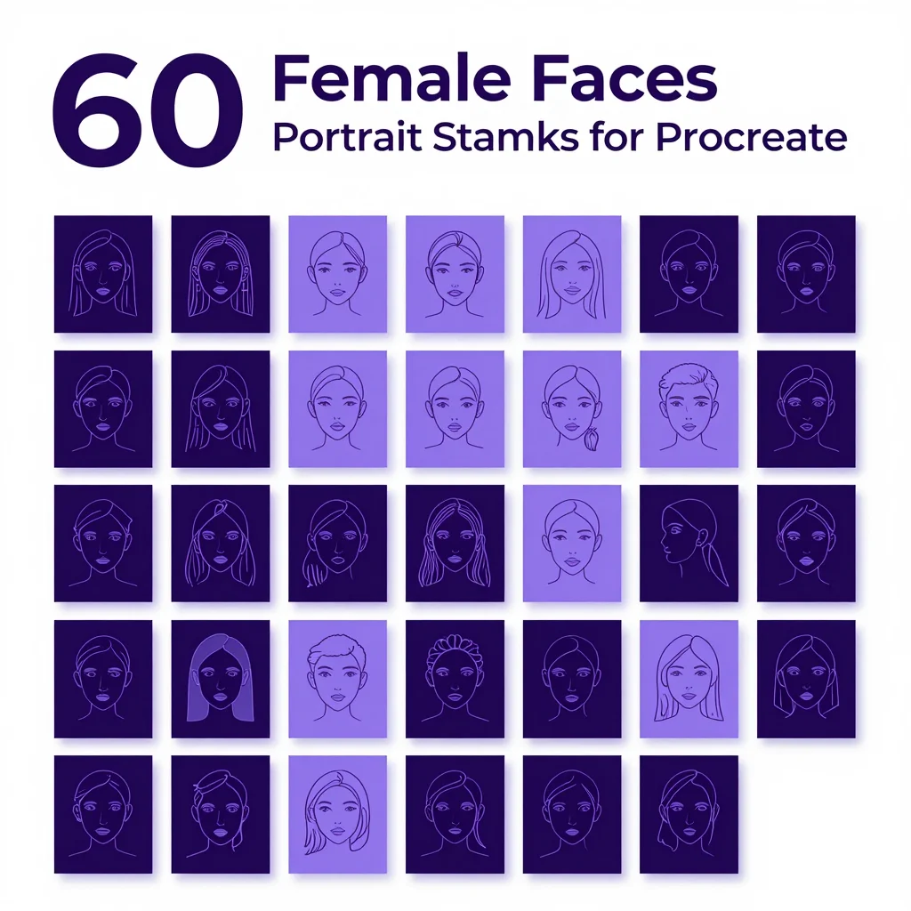 60 Procreate Female Face Portrait Stamps