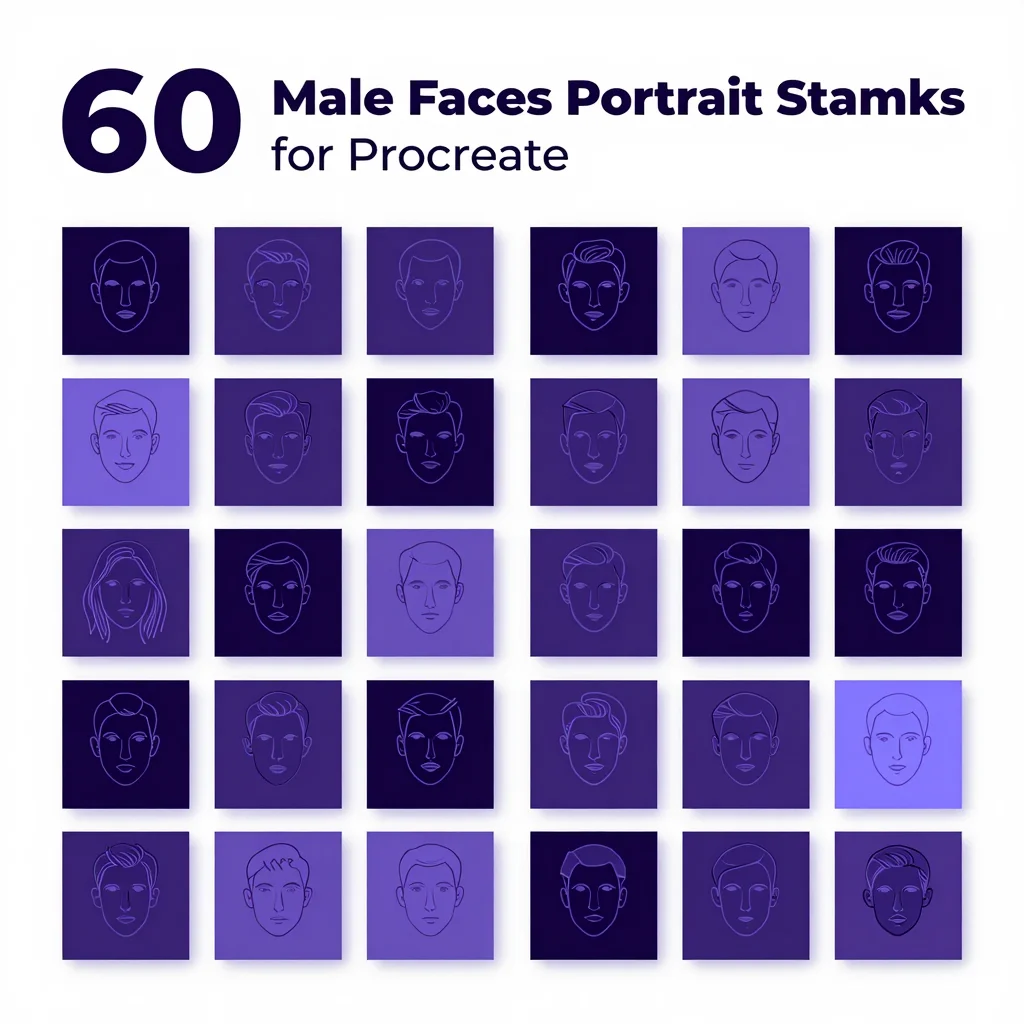 60 Procreate Male Face Portrait Stamps
